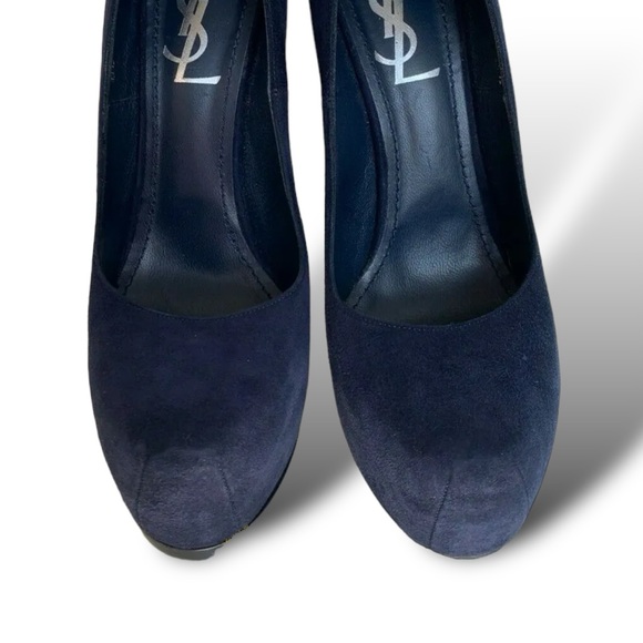 YSL Yves Saint Laurent Trib Navy Blue Suede Heels Pumps Size  7.5 US. 37 1/2EU - Picture 6 of 13